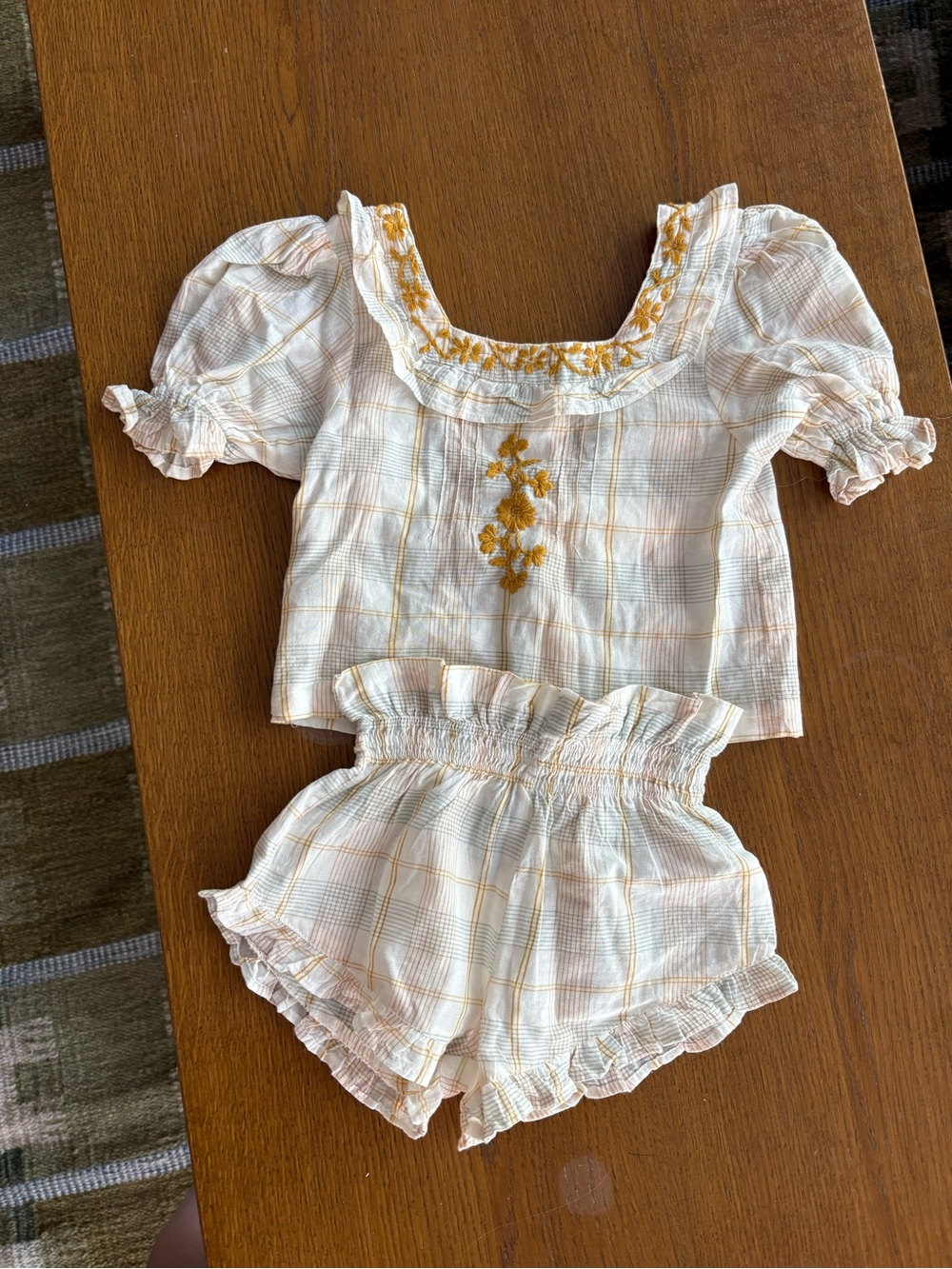 Kids Cream Plaid Matching Set with Yellow Embroidery